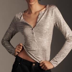 NEW Anthropologie Pilcro Andie Ribbed Henley Top Womens L Shiny Metallic Shirt